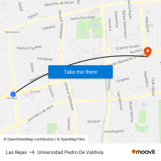 Las Rejas to Universidad Pedro De Valdivia map