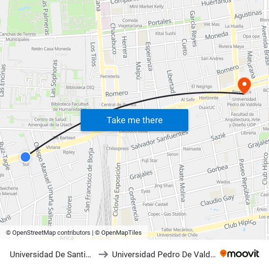 Universidad De Santiago to Universidad Pedro De Valdivia map