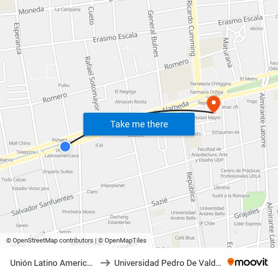 Unión Latino Americana to Universidad Pedro De Valdivia map