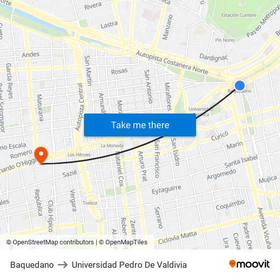 Baquedano to Universidad Pedro De Valdivia map