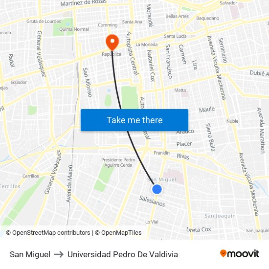 San Miguel to Universidad Pedro De Valdivia map