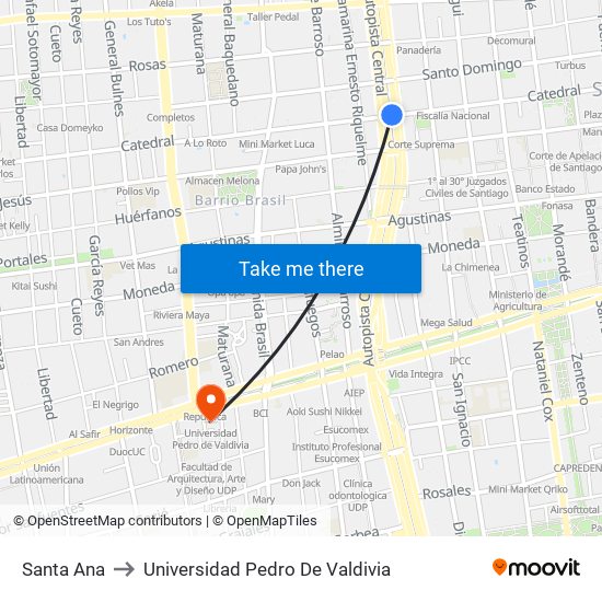 Santa Ana to Universidad Pedro De Valdivia map