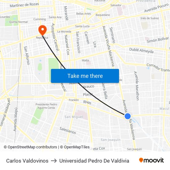 Carlos Valdovinos to Universidad Pedro De Valdivia map