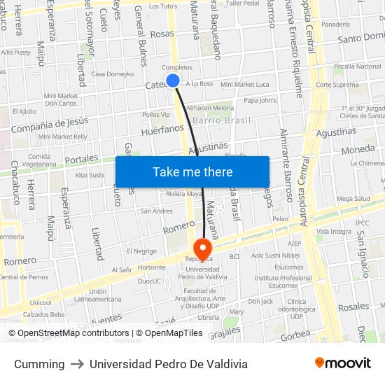 Cumming to Universidad Pedro De Valdivia map