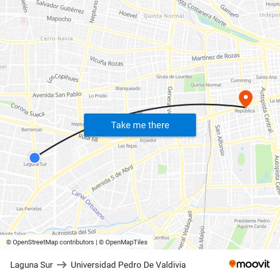 Laguna Sur to Universidad Pedro De Valdivia map