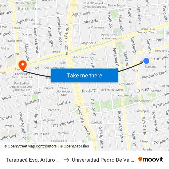 Tarapacá Esq. Arturo Prat to Universidad Pedro De Valdivia map