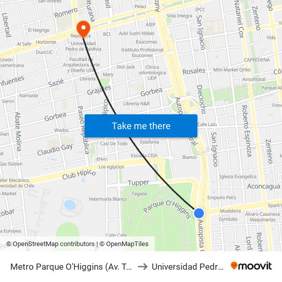 Metro Parque O'Higgins (Av. Tupper Esq. Av. Viel) to Universidad Pedro De Valdivia map