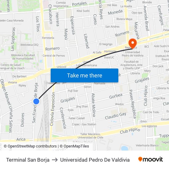Terminal San Borja to Universidad Pedro De Valdivia map