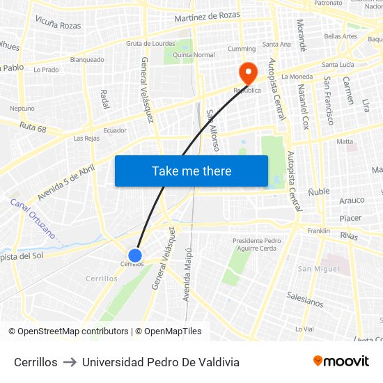 Cerrillos to Universidad Pedro De Valdivia map