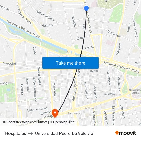 Hospitales to Universidad Pedro De Valdivia map