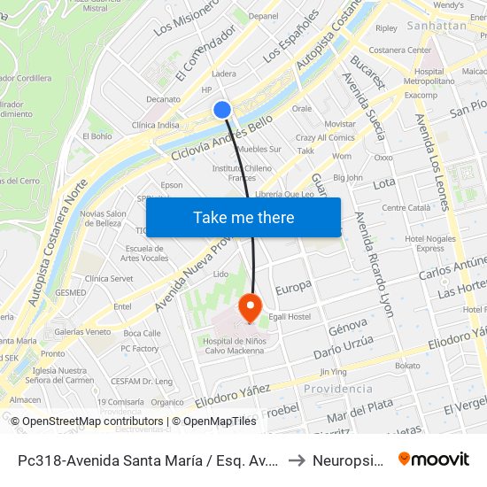 Pc318-Avenida Santa María / Esq. Av. Pedro De Valdivia to Neuropsiquiatría map