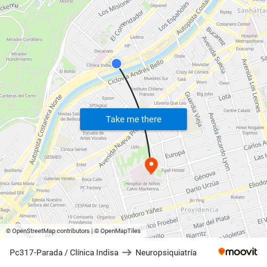 Pc317-Parada / Clínica Indisa to Neuropsiquiatría map