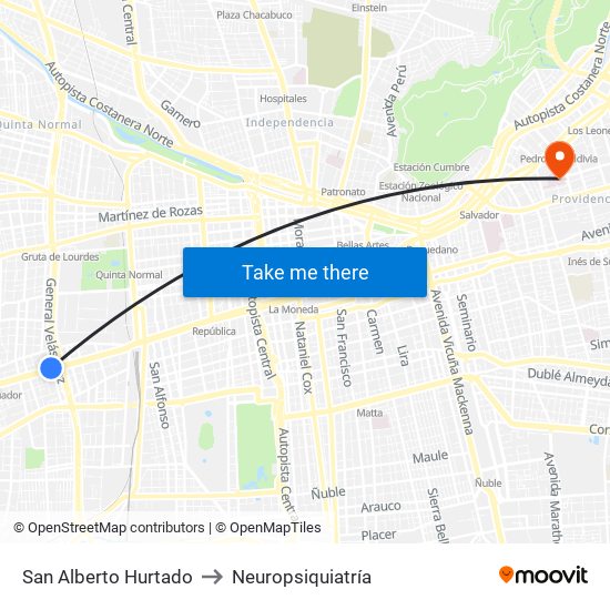 San Alberto Hurtado to Neuropsiquiatría map