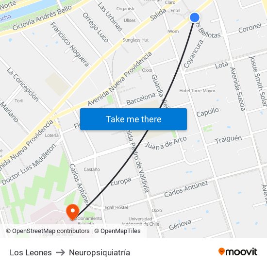 Los Leones to Neuropsiquiatría map