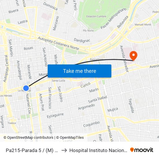 Pa215-Parada 5 / (M) La Moneda to Hospital Instituto Nacional Del Tórax map