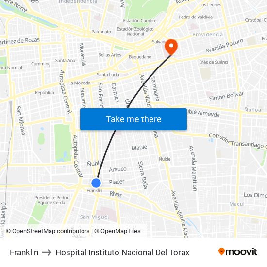 Franklin to Hospital Instituto Nacional Del Tórax map
