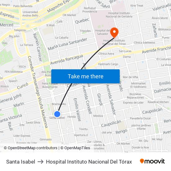 Santa Isabel to Hospital Instituto Nacional Del Tórax map