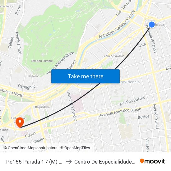 Pc155-Parada 1 / (M) Tobalaba to Centro De Especialidades Médicas map