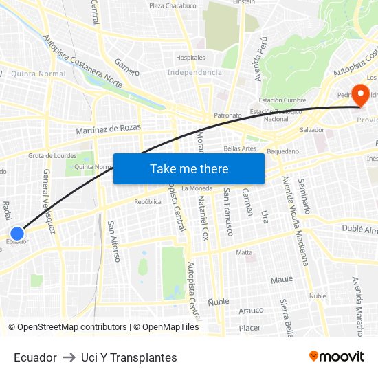 Ecuador to Uci Y Transplantes map