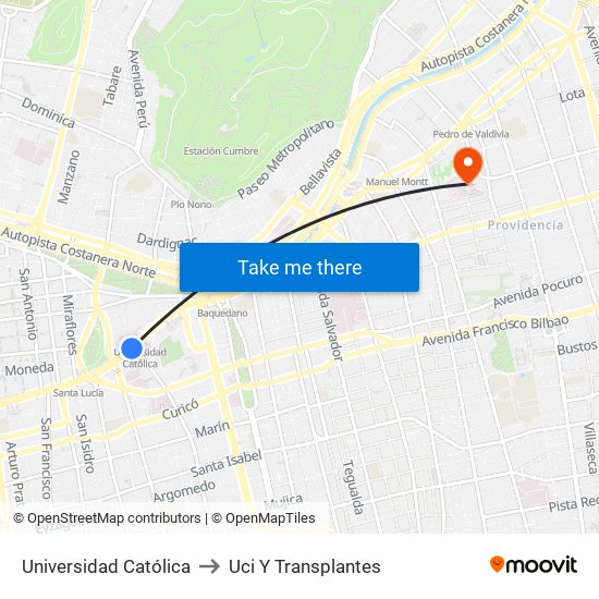 Universidad Católica to Uci Y Transplantes map
