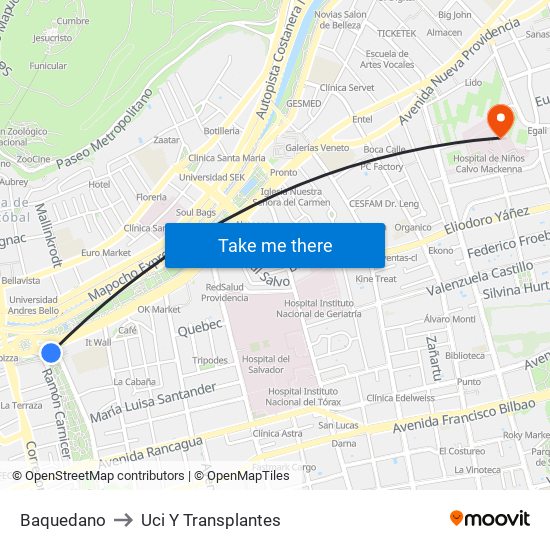 Baquedano to Uci Y Transplantes map