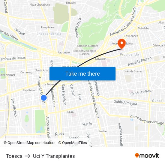 Toesca to Uci Y Transplantes map