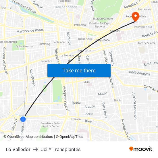 Lo Valledor to Uci Y Transplantes map