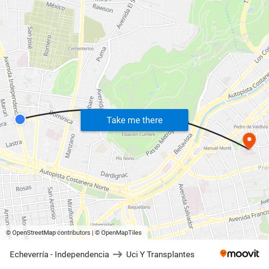 Echeverría - Independencia to Uci Y Transplantes map
