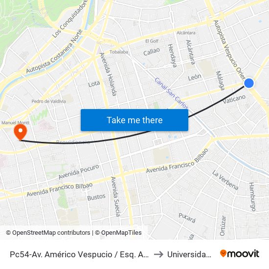 Pc54-Av. Américo Vespucio / Esq. Av. Cristóbal Colón to Universidad Mayor map