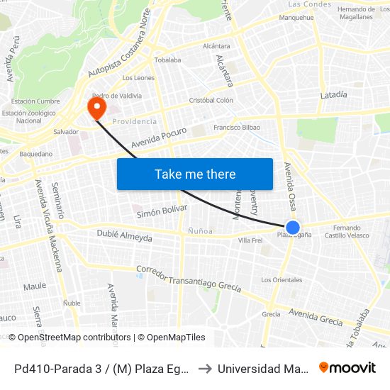 Pd410-Parada 3 / (M) Plaza Egaña to Universidad Mayor map