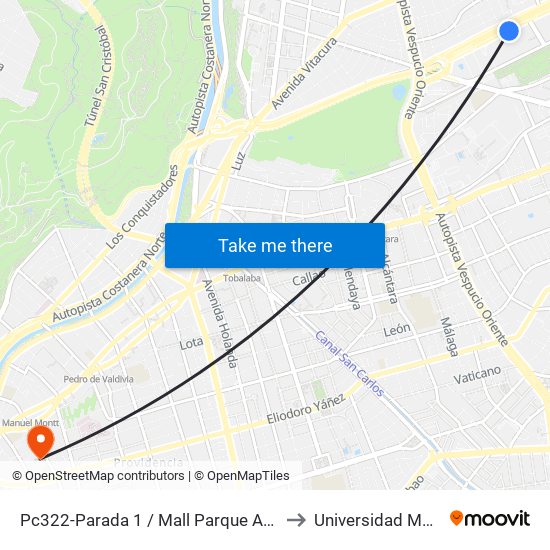Pc322-Parada 1 / Mall Parque Arauco to Universidad Mayor map