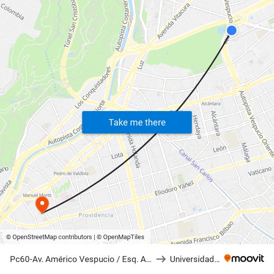 Pc60-Av. Américo Vespucio / Esq. Av. Pdte. Kennedy to Universidad Mayor map