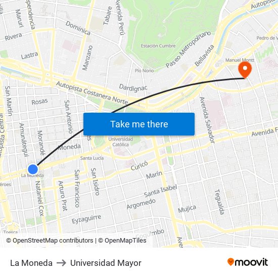 La Moneda to Universidad Mayor map