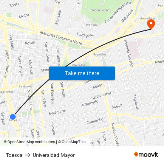 Toesca to Universidad Mayor map