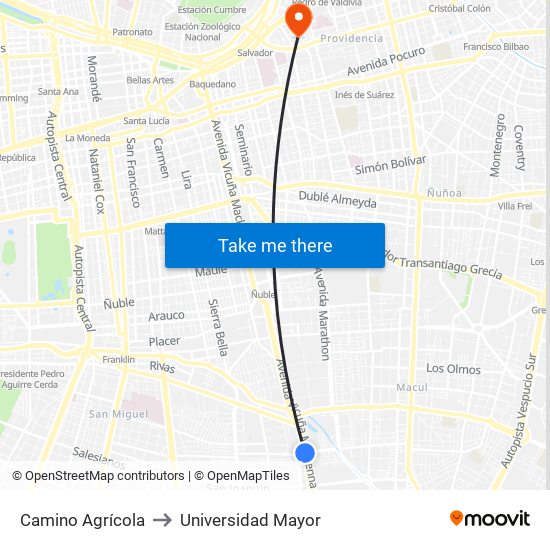Camino Agrícola to Universidad Mayor map