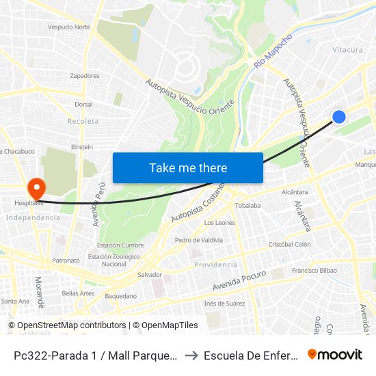 Pc322-Parada 1 / Mall Parque Arauco to Escuela De Enfermería map