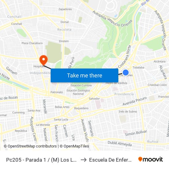 Pc205 - Parada 1 / (M) Los Leones to Escuela De Enfermería map