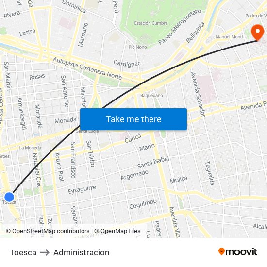 Toesca to Administración map