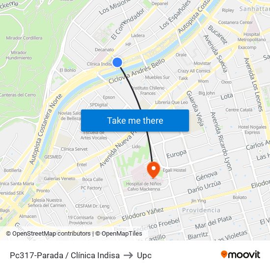 Pc317-Parada / Clínica Indisa to Upc map