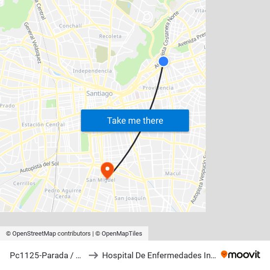 Pc1125-Parada / Costanera Center to Hospital De Enfermedades Infecciosas Lucio Córdova map