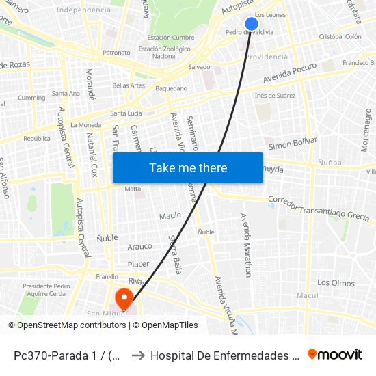 Pc370-Parada 1 / (M) Pedro De Valdivia to Hospital De Enfermedades Infecciosas Lucio Córdova map