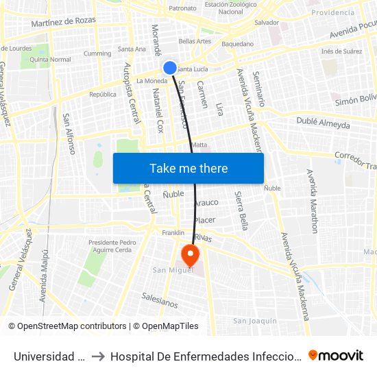 Universidad De Chile to Hospital De Enfermedades Infecciosas Lucio Córdova map