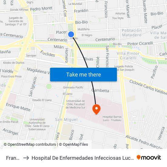 Franklin to Hospital De Enfermedades Infecciosas Lucio Córdova map