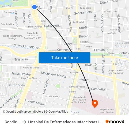 Rondizzoni to Hospital De Enfermedades Infecciosas Lucio Córdova map