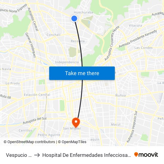 Vespucio Norte to Hospital De Enfermedades Infecciosas Lucio Córdova map