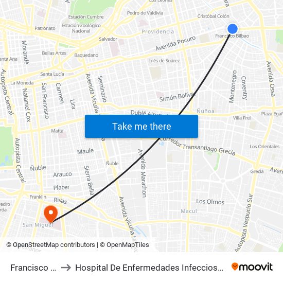 Francisco Bilbao to Hospital De Enfermedades Infecciosas Lucio Córdova map