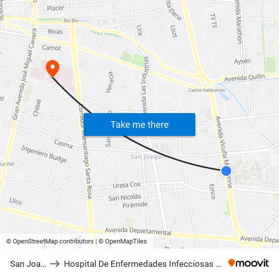 San Joaquín to Hospital De Enfermedades Infecciosas Lucio Córdova map