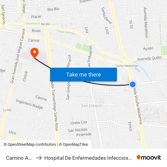 Camino Agrícola to Hospital De Enfermedades Infecciosas Lucio Córdova map