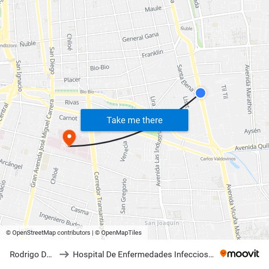 Rodrigo De Araya to Hospital De Enfermedades Infecciosas Lucio Córdova map