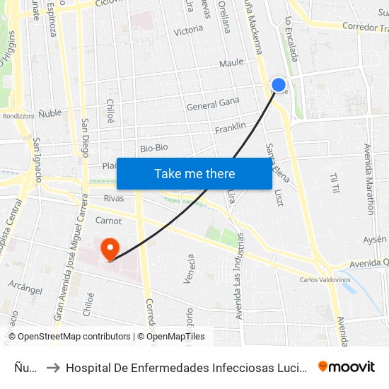 Ñuble to Hospital De Enfermedades Infecciosas Lucio Córdova map